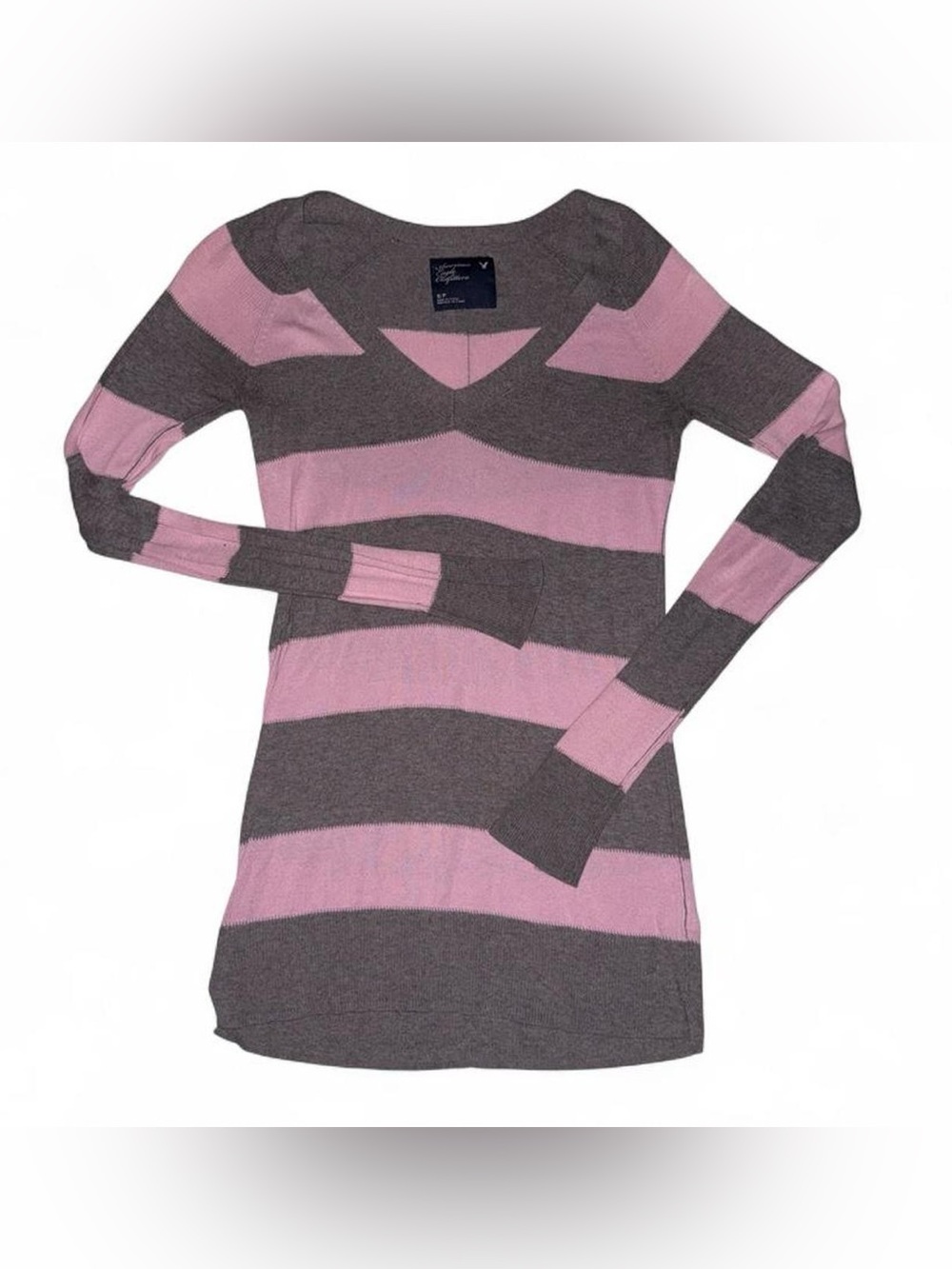 American Eagle Outfitters Pink and Gray Striped V-Neck Sweater